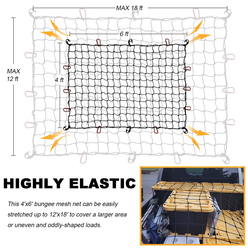 GSPSCN Cargo Net 6 ' x 4 ' for Truck Pickup Bed  Trailer Boat RV SUV Stretches to 12 'x18 ' Max Roof Rack Net Small 4 x4  Mesh Heavy Duty Bungee Cord Netting Compatible with Dodge Ram Chevy Ford Toyota - Image 3